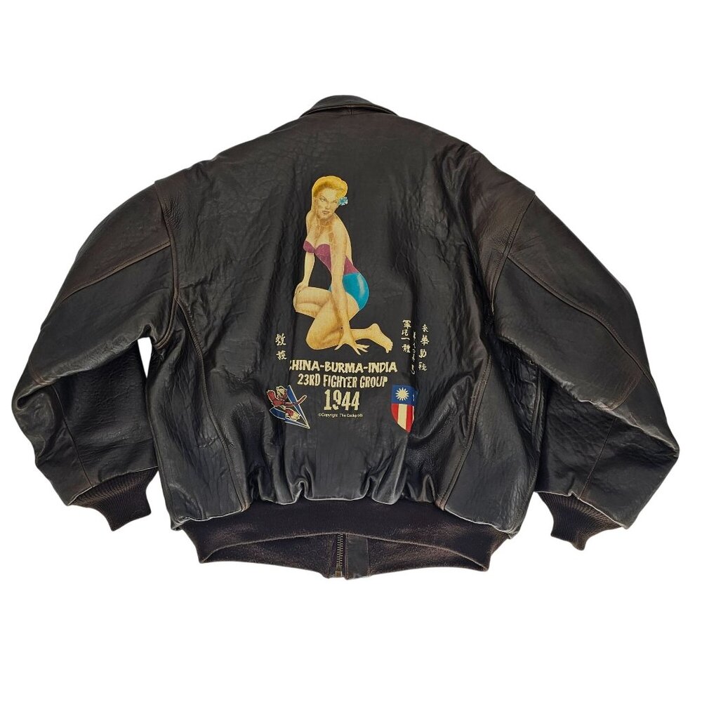 Cockpit USA A2 Leather Bomber Jacket XXL WWII‎ 23rd Fighter Group Map Nose Art